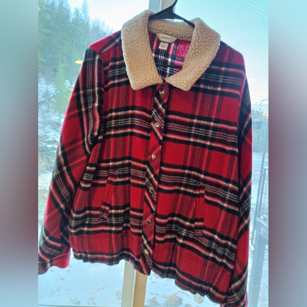 CJ Banks Red and Black Plaid Jacket with Sherpa Trim